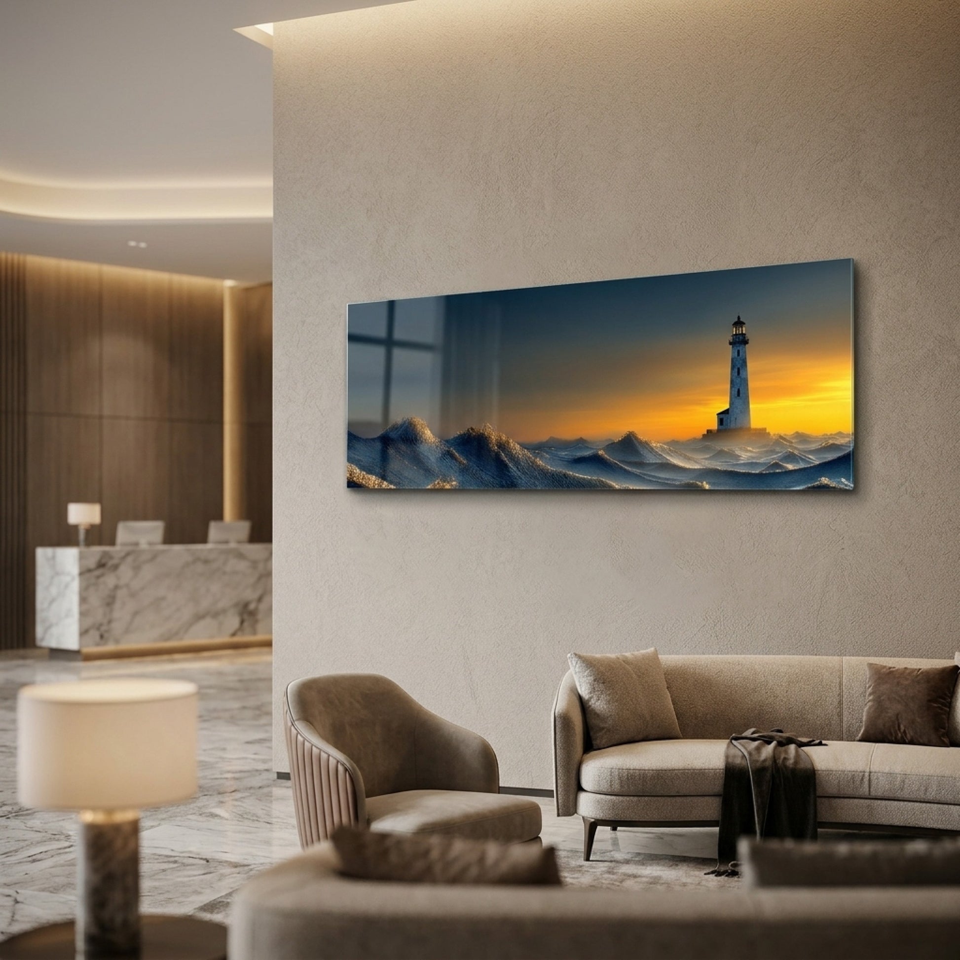 Gün Batımı Deniz Feneri Manzara Panoramik Yatay Cam Tablo