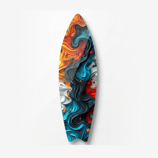 Renkli Akışkan Dalgalar Soyut 3D Görünümlü Surf Board Cam Tablo