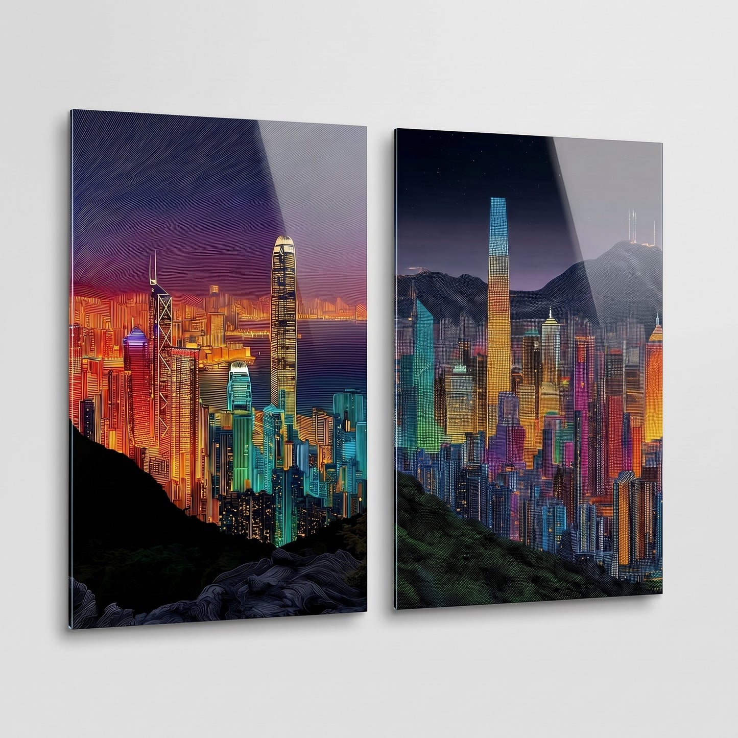 Modern Hong Kong Gece Manzarası Dikey 2'li Set Cam Tablo