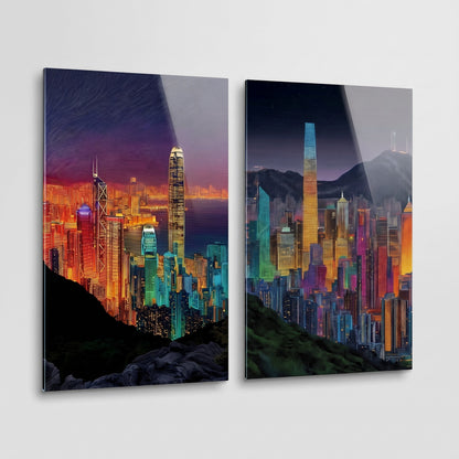 Modern Hong Kong Gece Manzarası Dikey 2'li Set Cam Tablo