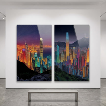Modern Hong Kong Gece Manzarası Dikey 2'li Set Cam Tablo