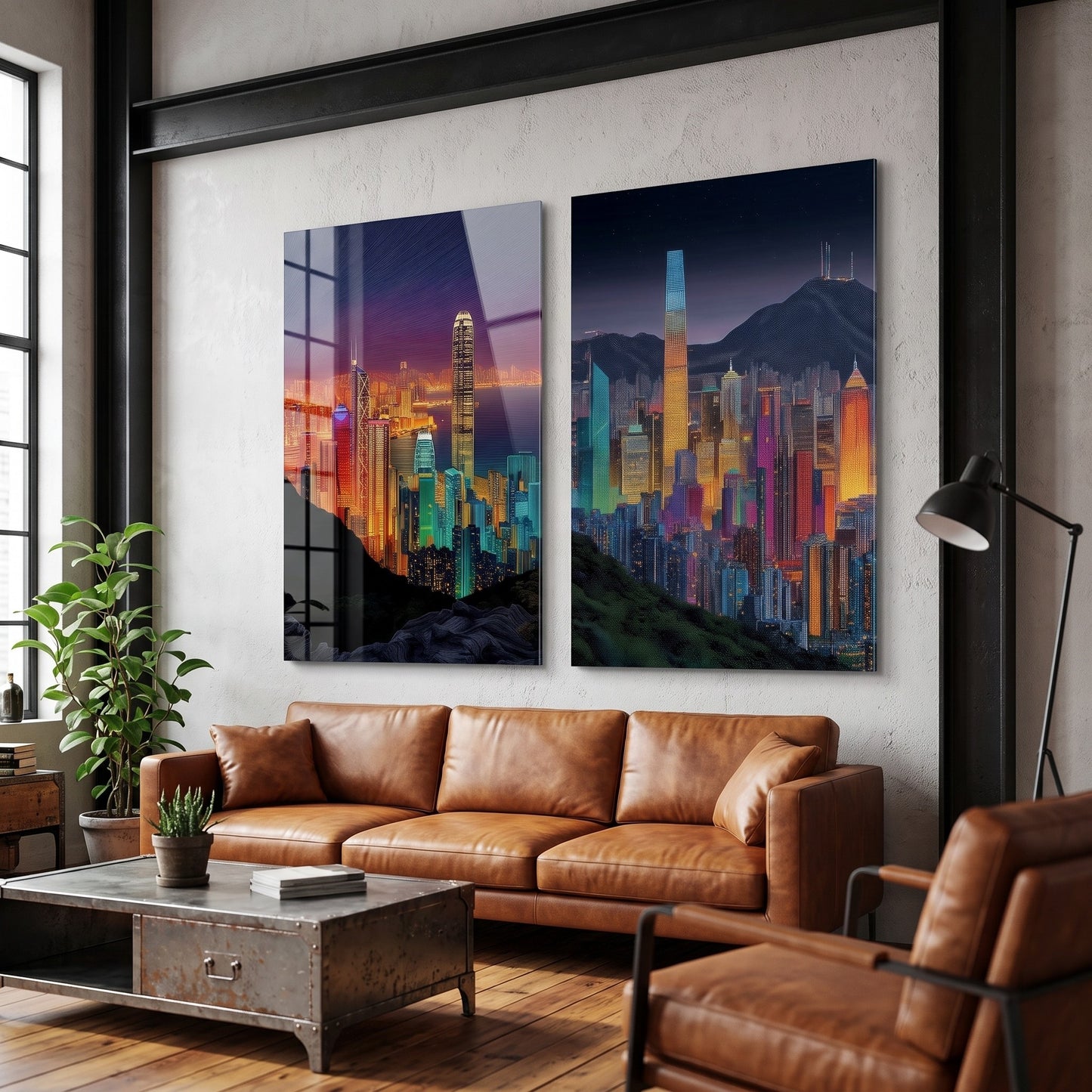 Modern Hong Kong Gece Manzarası Dikey 2'li Set Cam Tablo