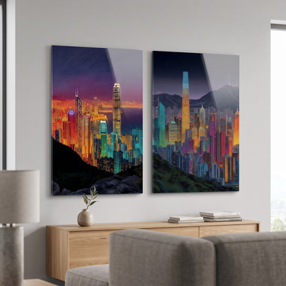 Modern Hong Kong Gece Manzarası Dikey 2'li Set Cam Tablo
