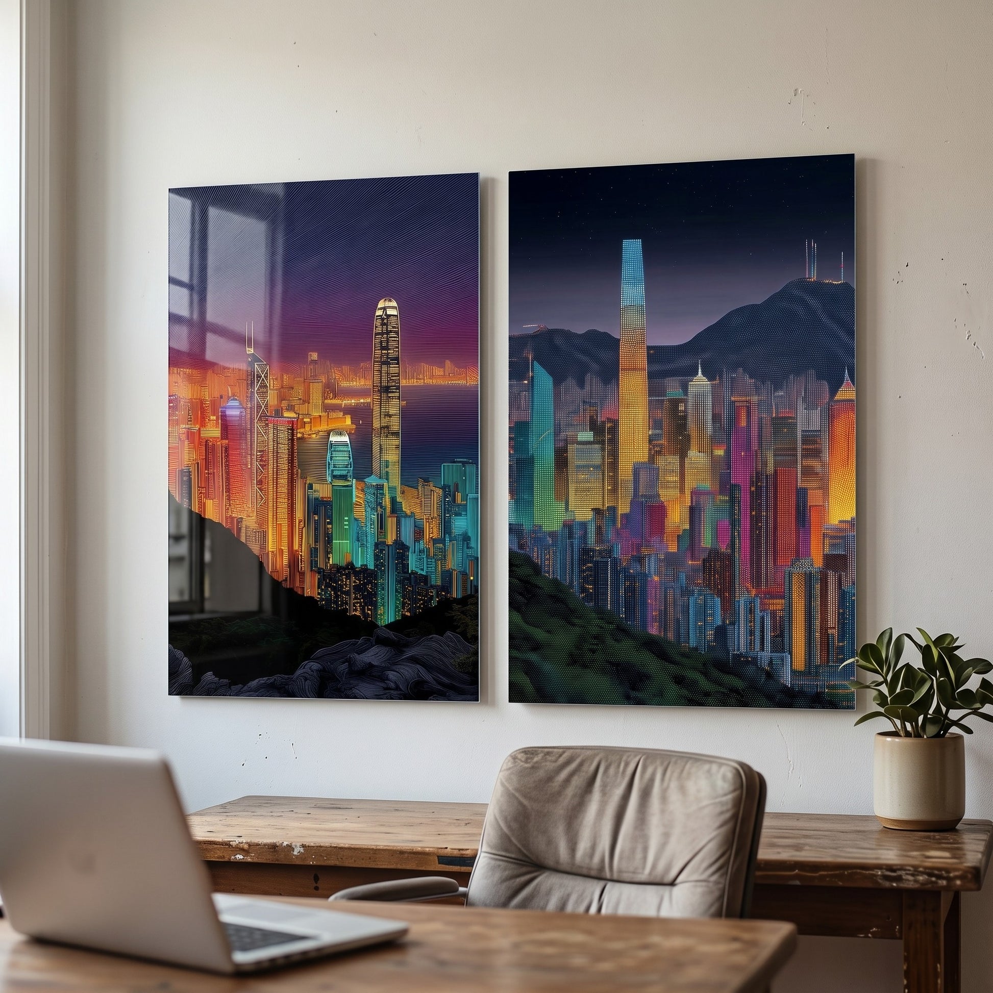 Modern Hong Kong Gece Manzarası Dikey 2'li Set Cam Tablo