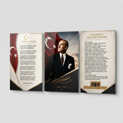 Atatürk Gençliğe Hitabe İstiklal Marşı Dikey 3'lü Set Cam Tablo