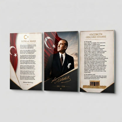 Atatürk Gençliğe Hitabe İstiklal Marşı Dikey 3'lü Set Cam Tablo