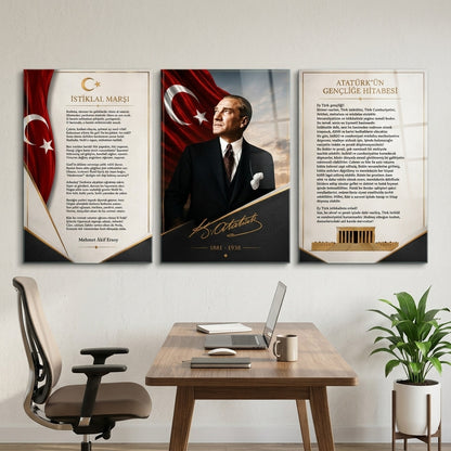 Atatürk Gençliğe Hitabe İstiklal Marşı Dikey 3'lü Set Cam Tablo