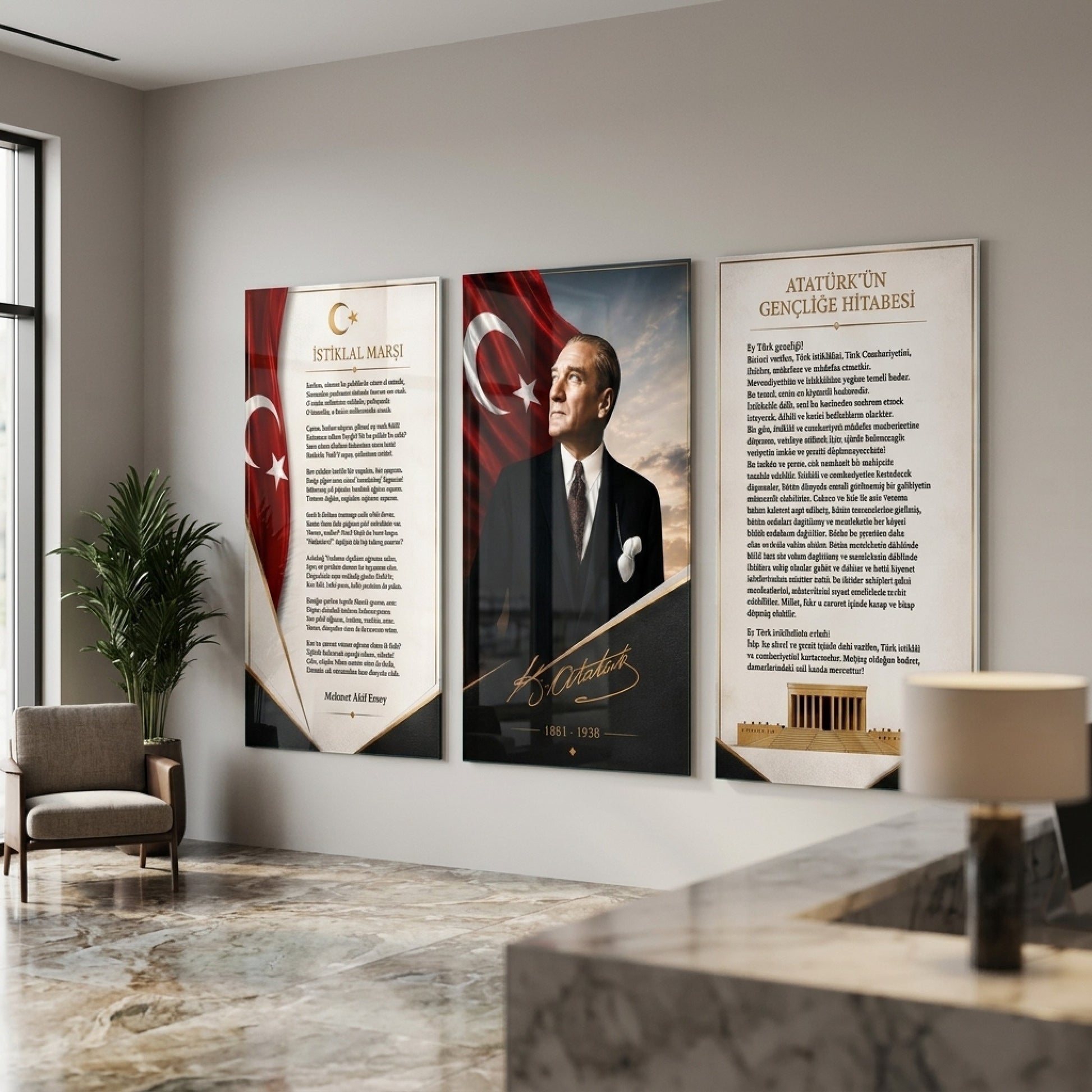 Atatürk Gençliğe Hitabe İstiklal Marşı Dikey 3'lü Set Cam Tablo