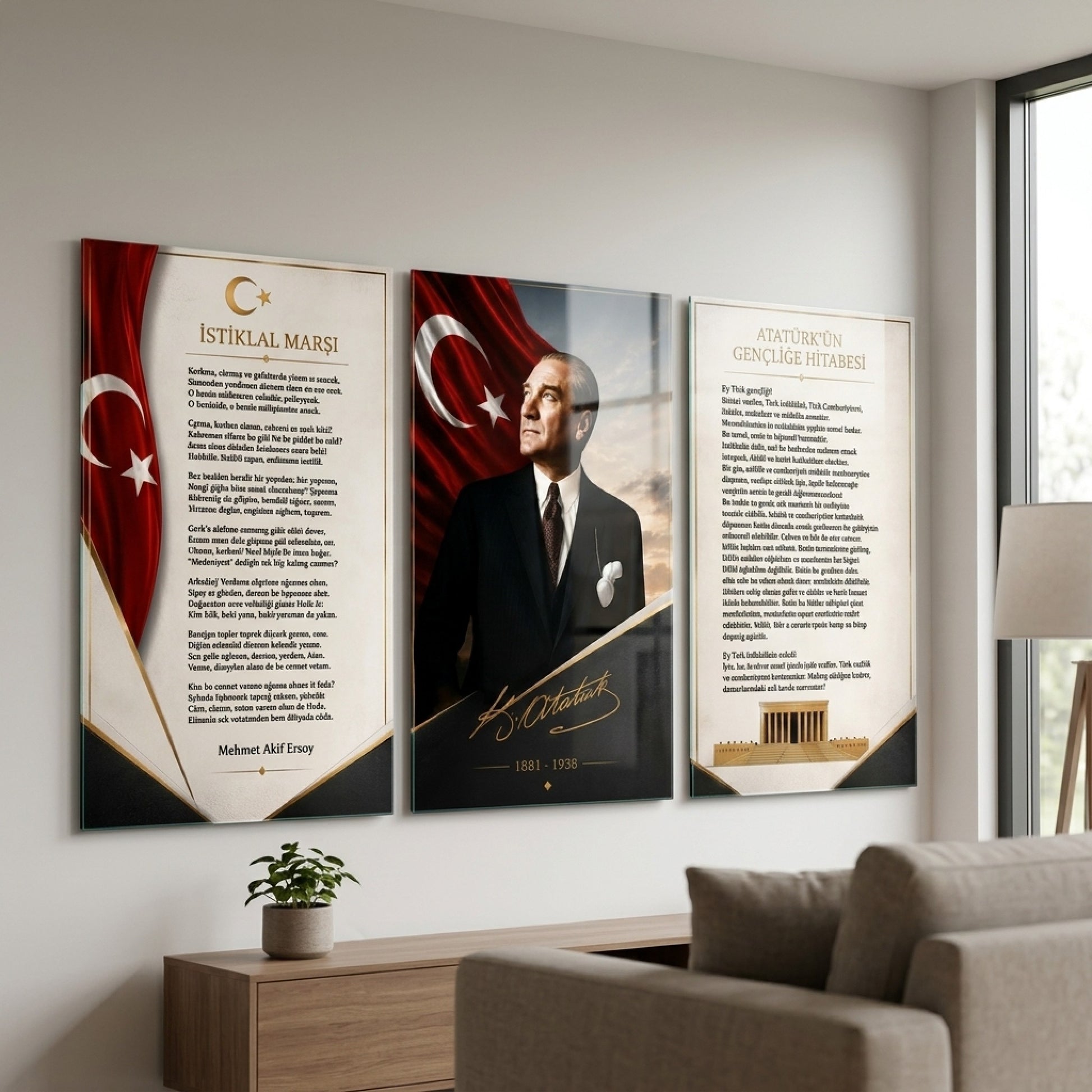 Atatürk Gençliğe Hitabe İstiklal Marşı Dikey 3'lü Set Cam Tablo