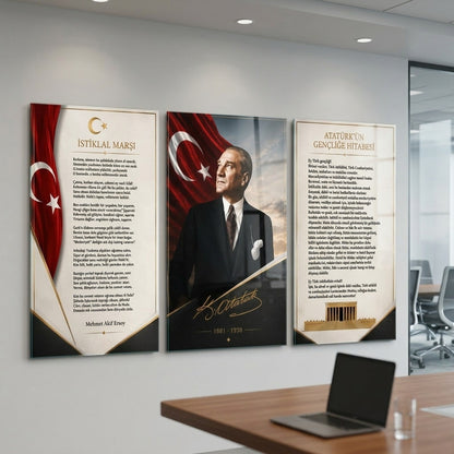 Atatürk Gençliğe Hitabe İstiklal Marşı Dikey 3'lü Set Cam Tablo