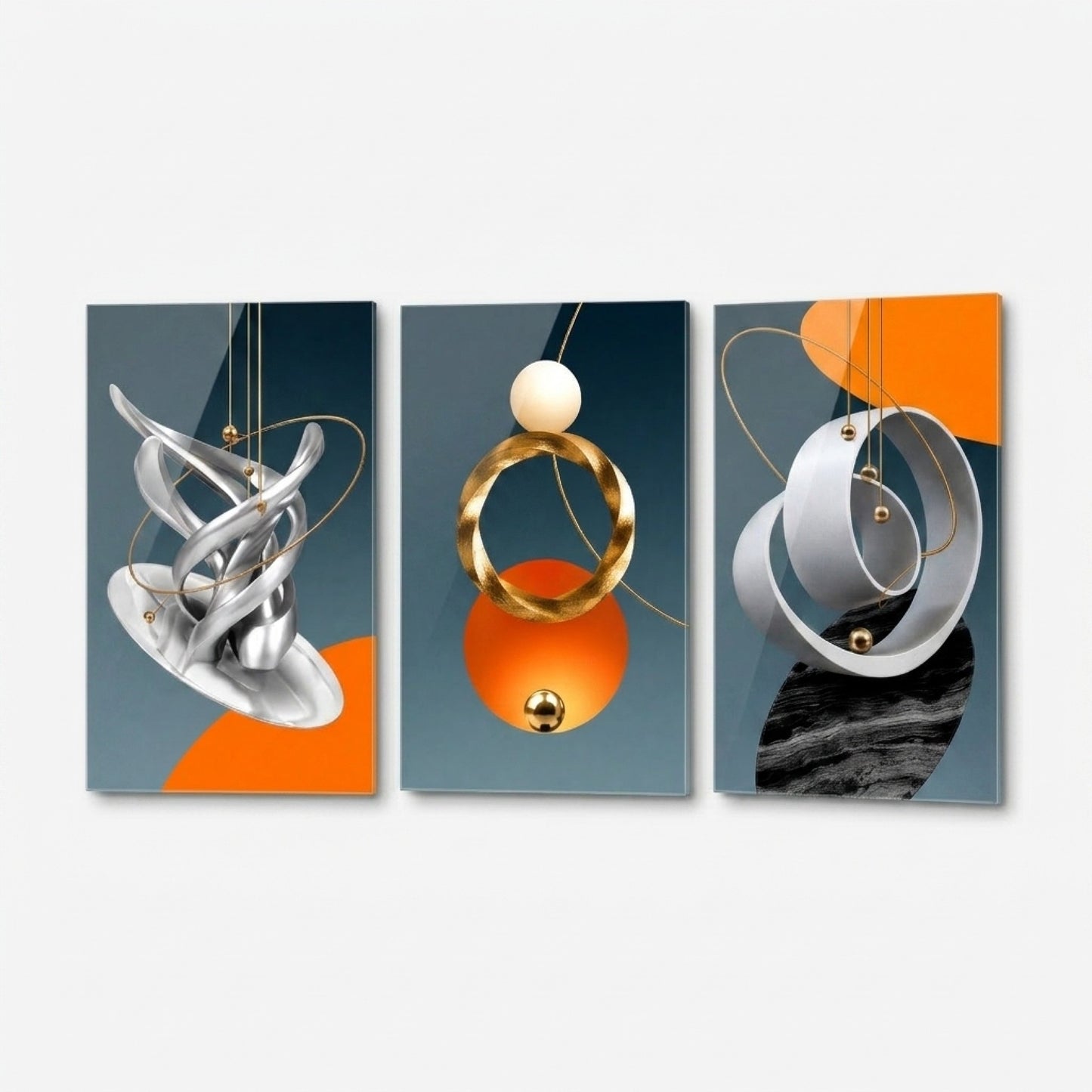 Modern Soyut Geometrik Set Dikey 3'lü Set Cam Tablo