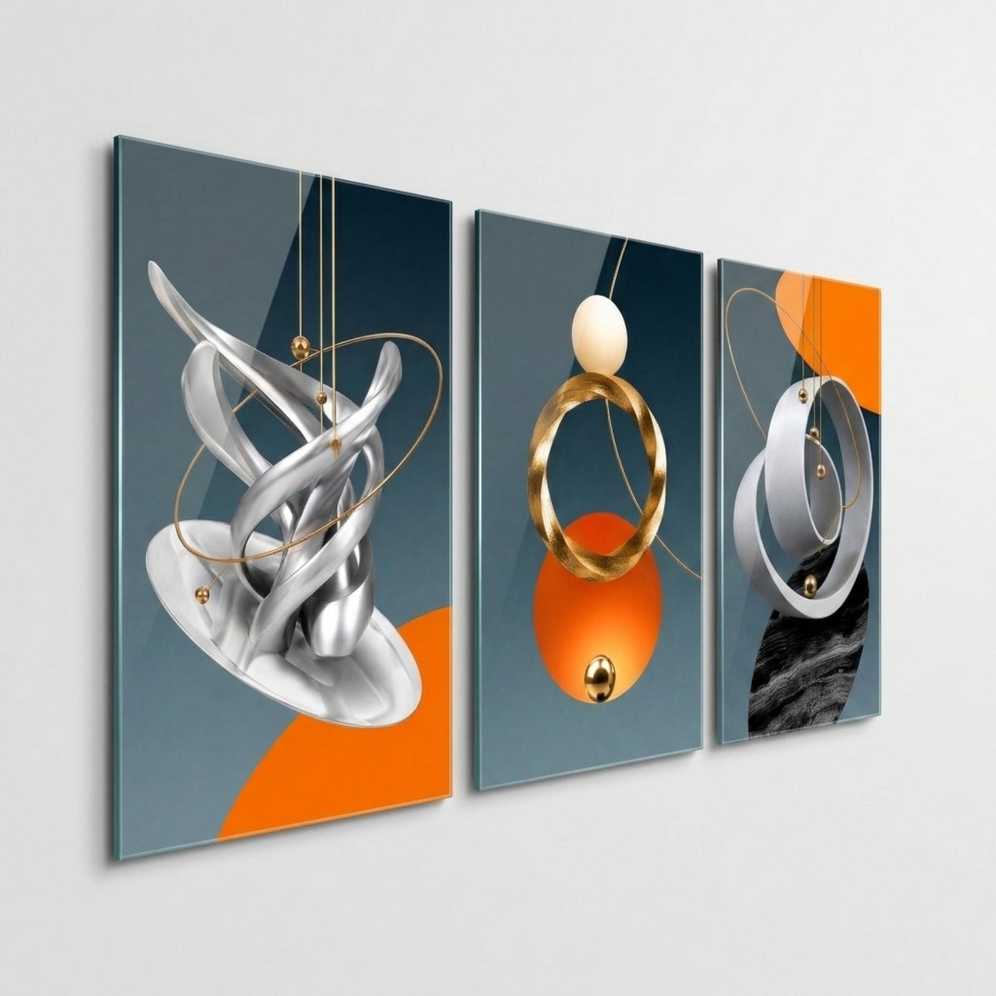 Modern Soyut Geometrik Set Dikey 3'lü Set Cam Tablo