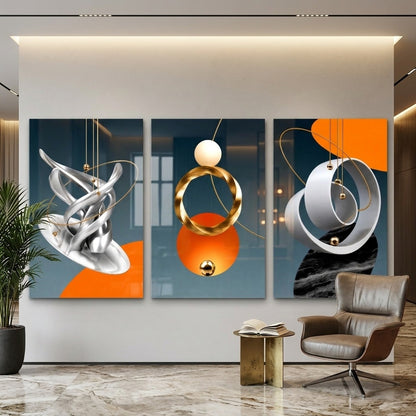 Modern Soyut Geometrik Set Dikey 3'lü Set Cam Tablo