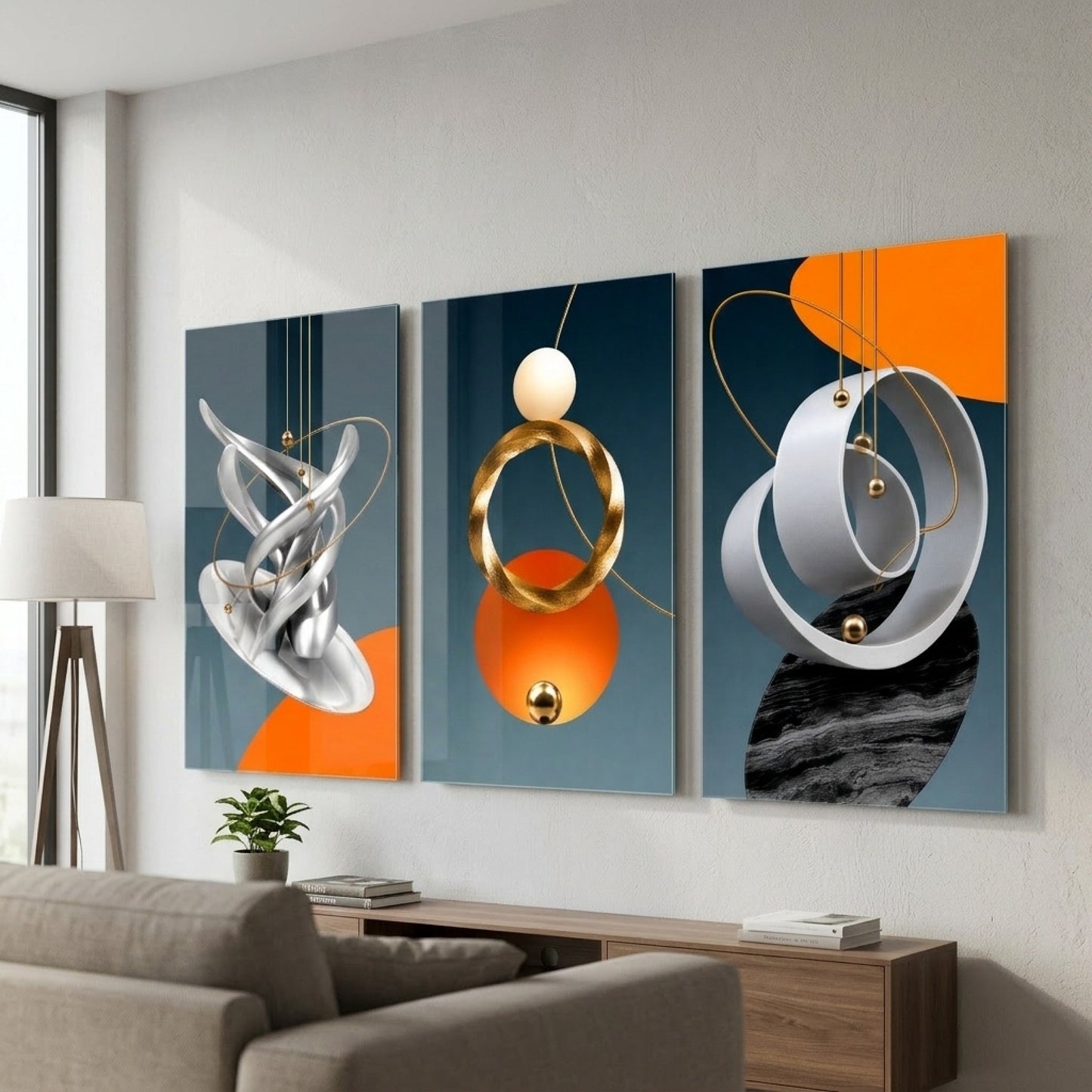 Modern Soyut Geometrik Set Dikey 3'lü Set Cam Tablo
