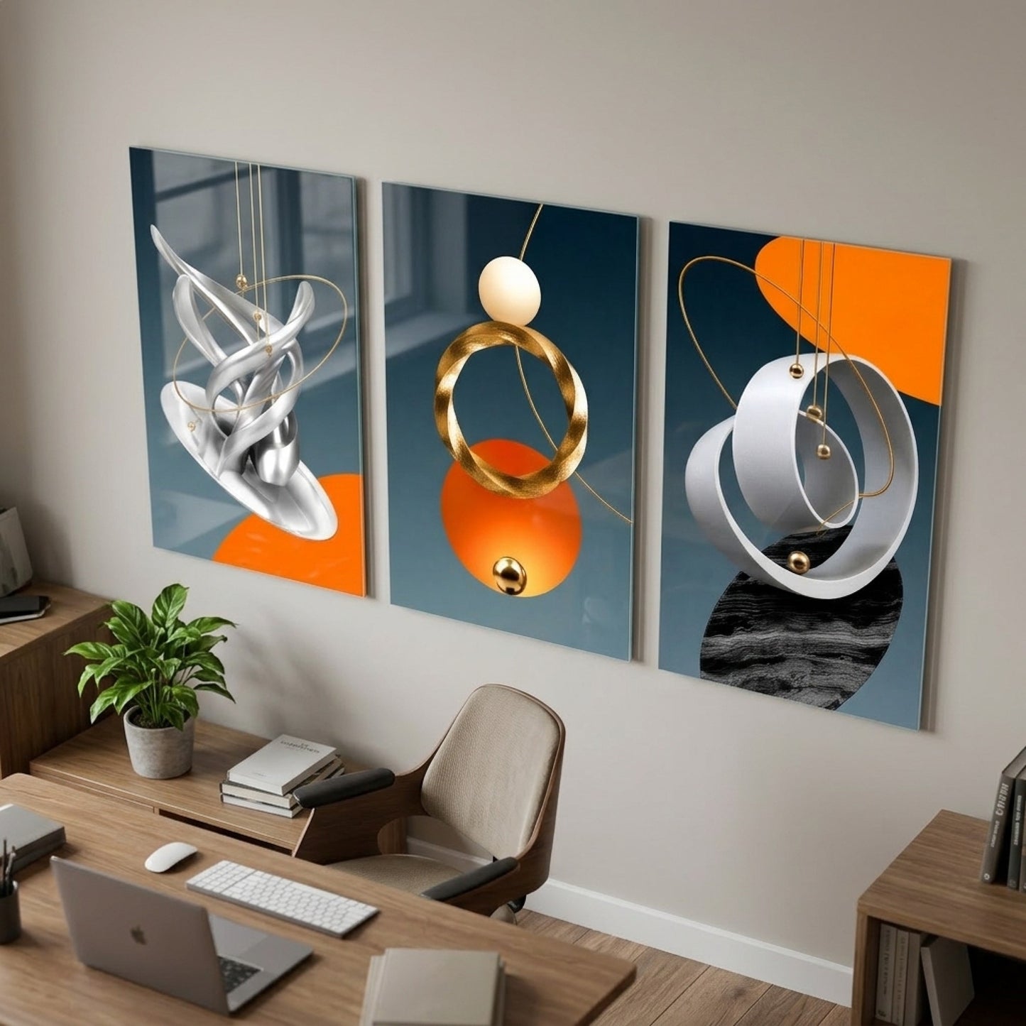 Modern Soyut Geometrik Set Dikey 3'lü Set Cam Tablo