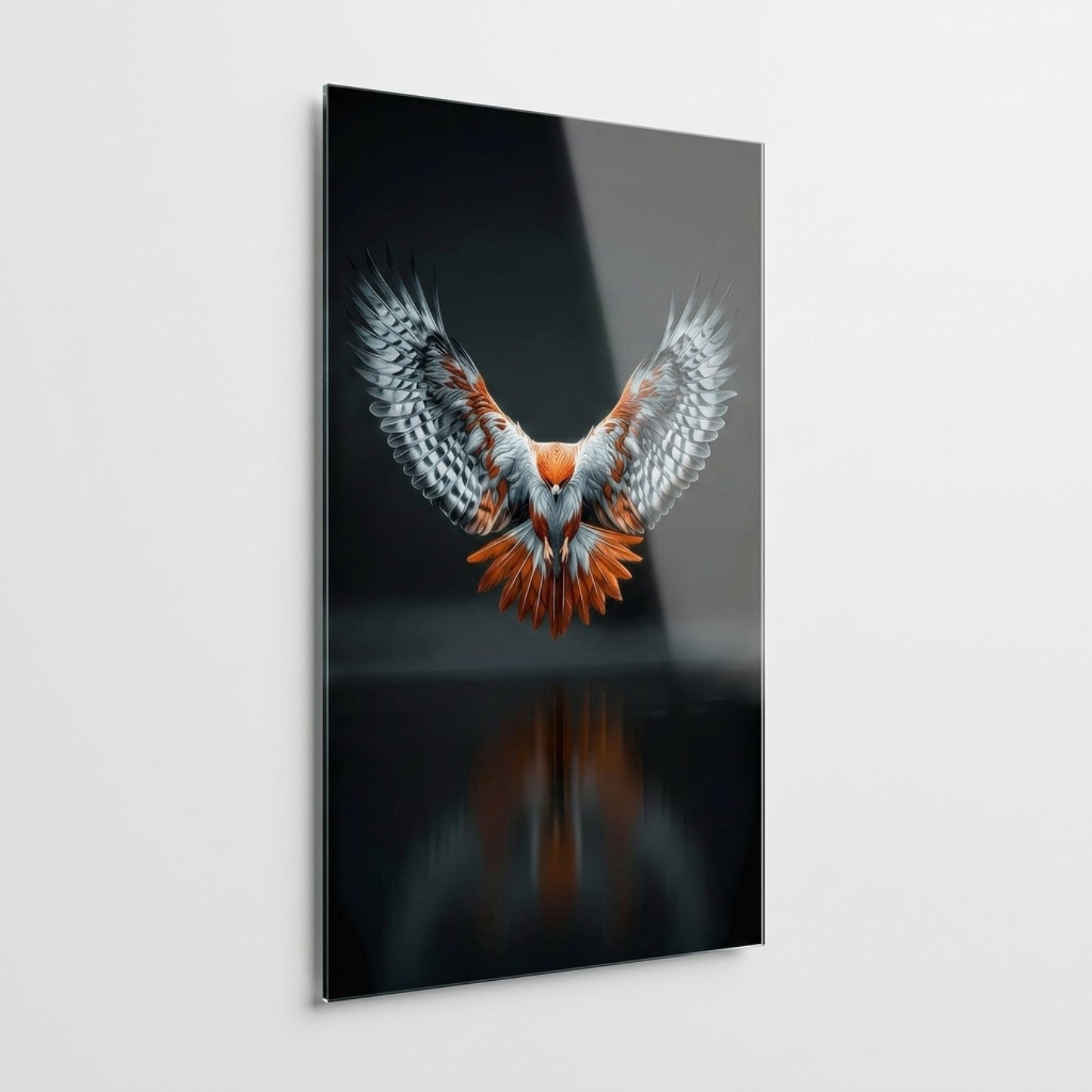 Kanatlarını Açmış Heybetli Kartal ve Su Yansıması Dikey Cam Tablo