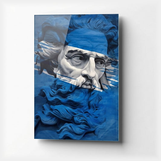 Mavi Heykel Büstü Modern Sanat Dikey Cam Tablo