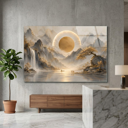 Mistik Altın Ay ve Dağ Manzaralı Sanatsal Yatay Cam Tablo