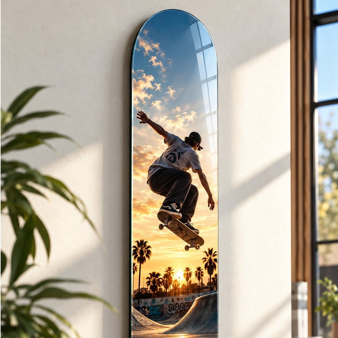 Kişiye Özel Dikey Skate Board Cam Tablo - Kaykay desenli açılı görünüm