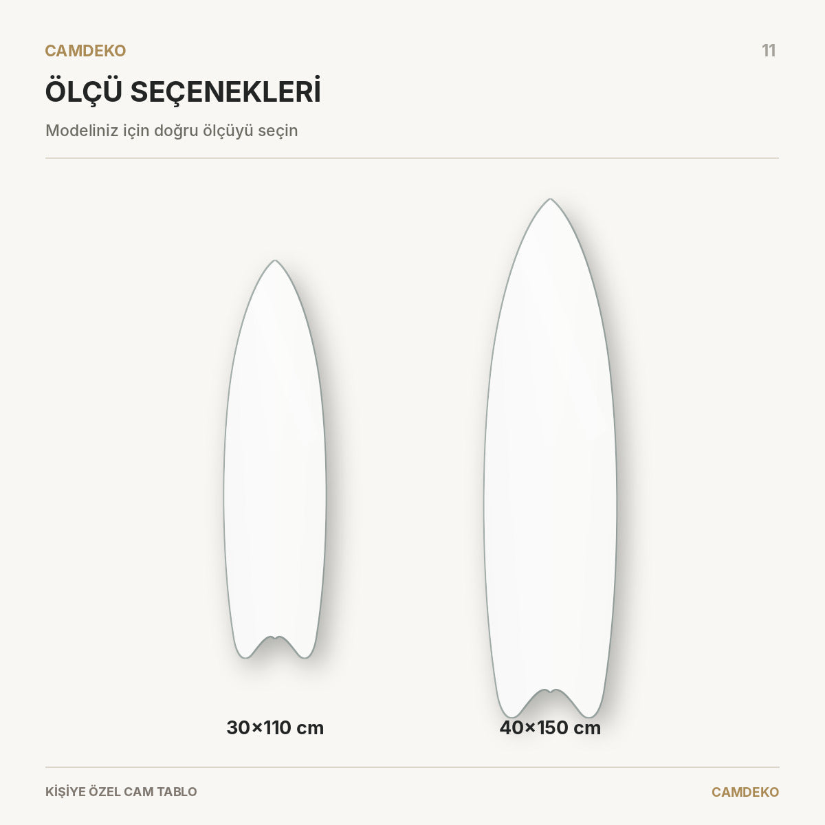 Kişiye Özel Dikey Surf Board Cam Tablo - sizes
