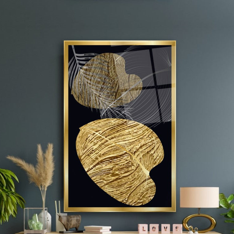 Gold Yapraklar Dikey Cam Tablo