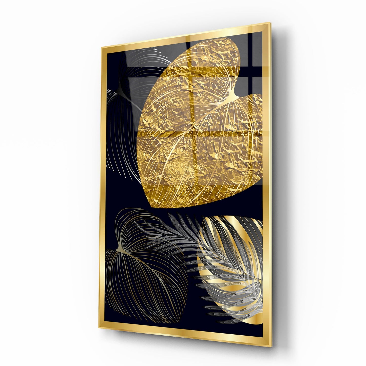 Gold Yapraklar Dikey Cam Tablo