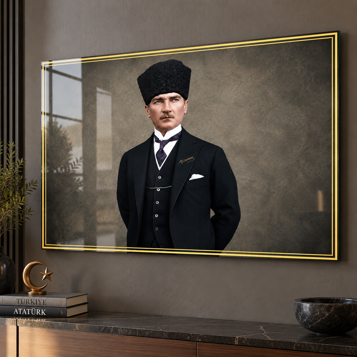 Atatürk Gold Çerçeve Detaylı Yatay Cam Tablo