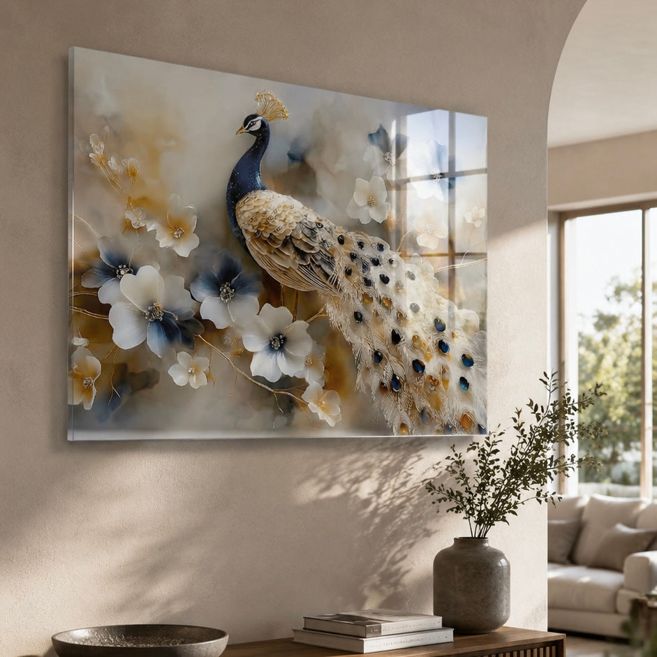Çiçekli Tavus Kuşu Cam Tablo