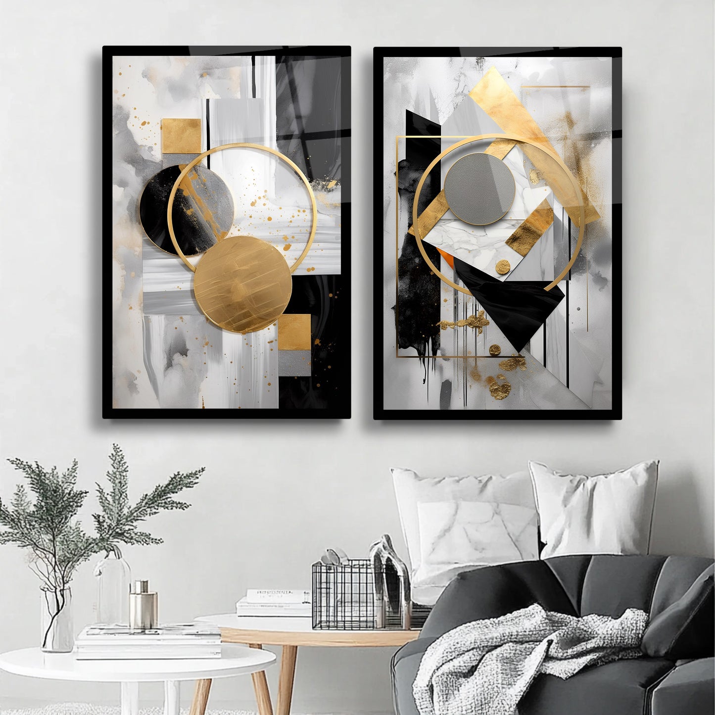 Siyah Gold Soyut İkili Cam Tablo