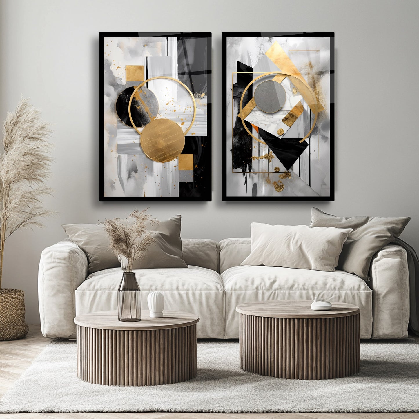 Siyah Gold Soyut İkili Cam Tablo