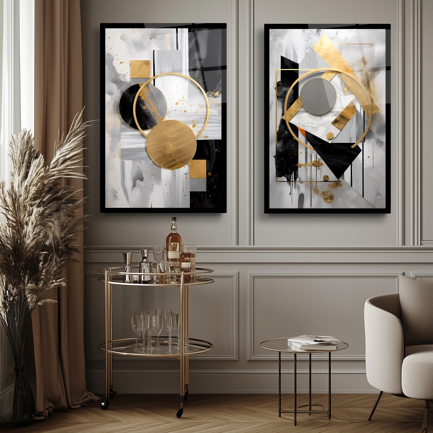 Siyah Gold Soyut İkili Cam Tablo