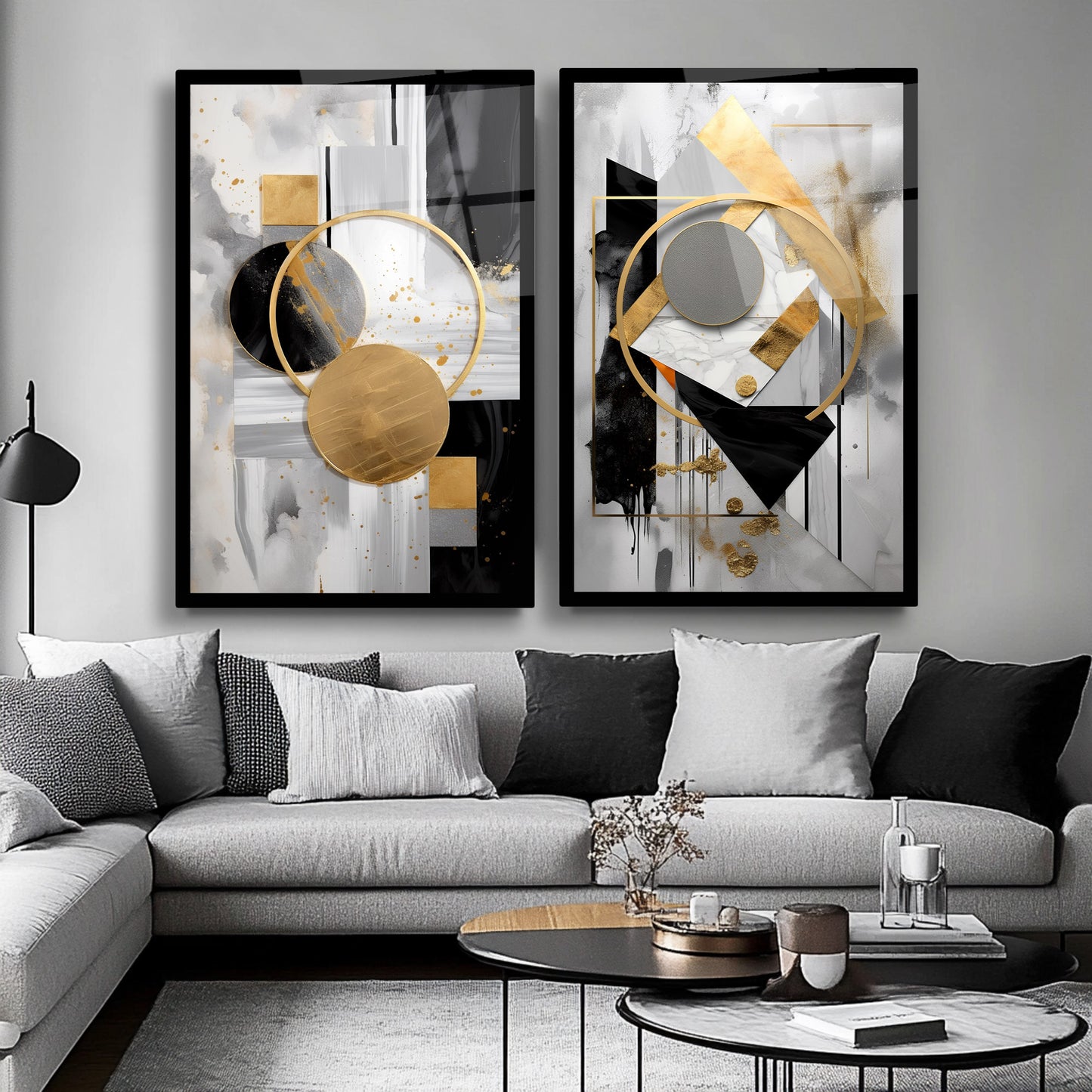 Siyah Gold Soyut İkili Cam Tablo