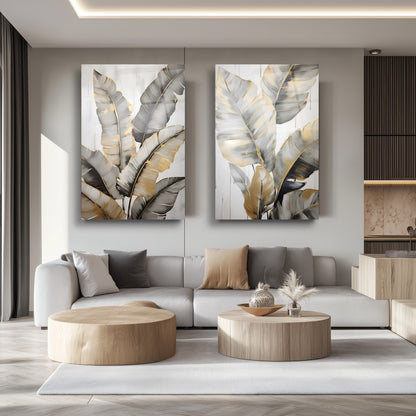 Gold Yapraklar İkili Set Cam Tablo