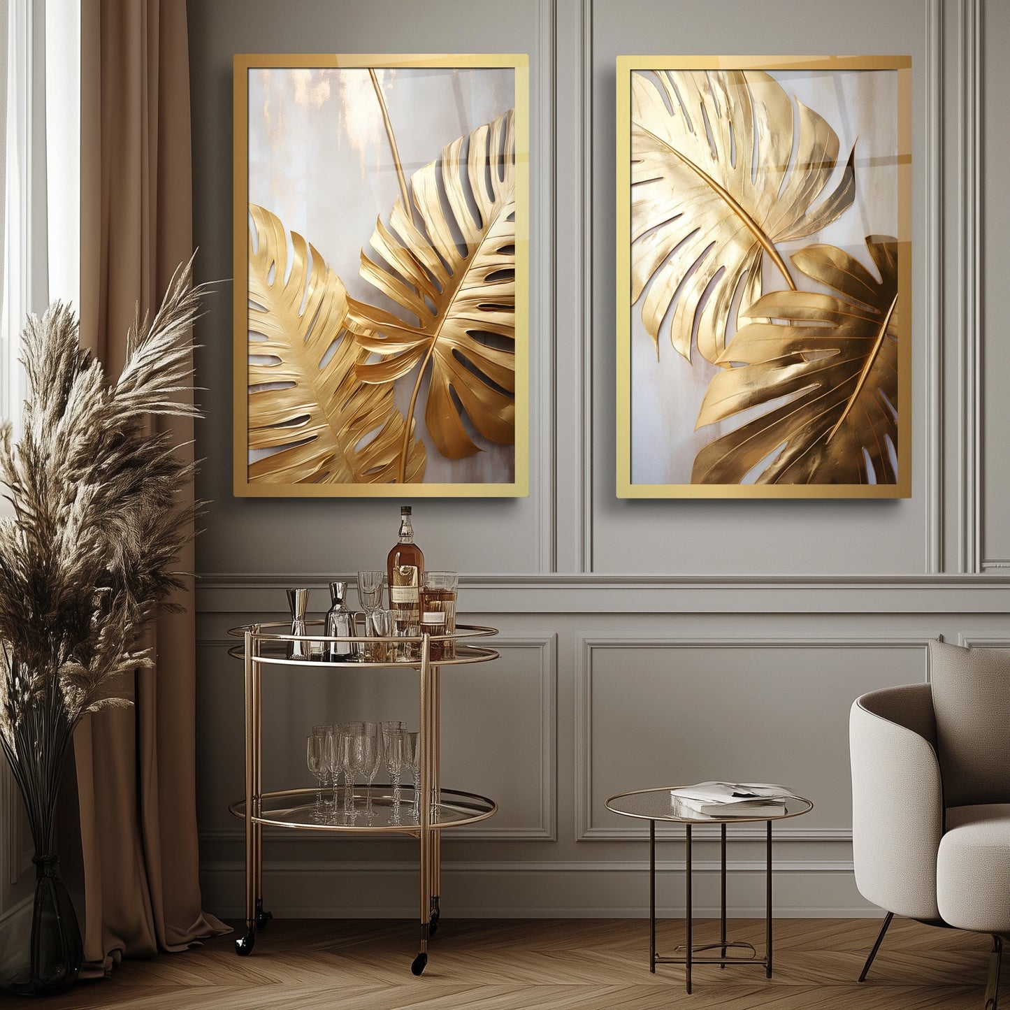 Gold Yapraklar İkili Set Cam Tablo