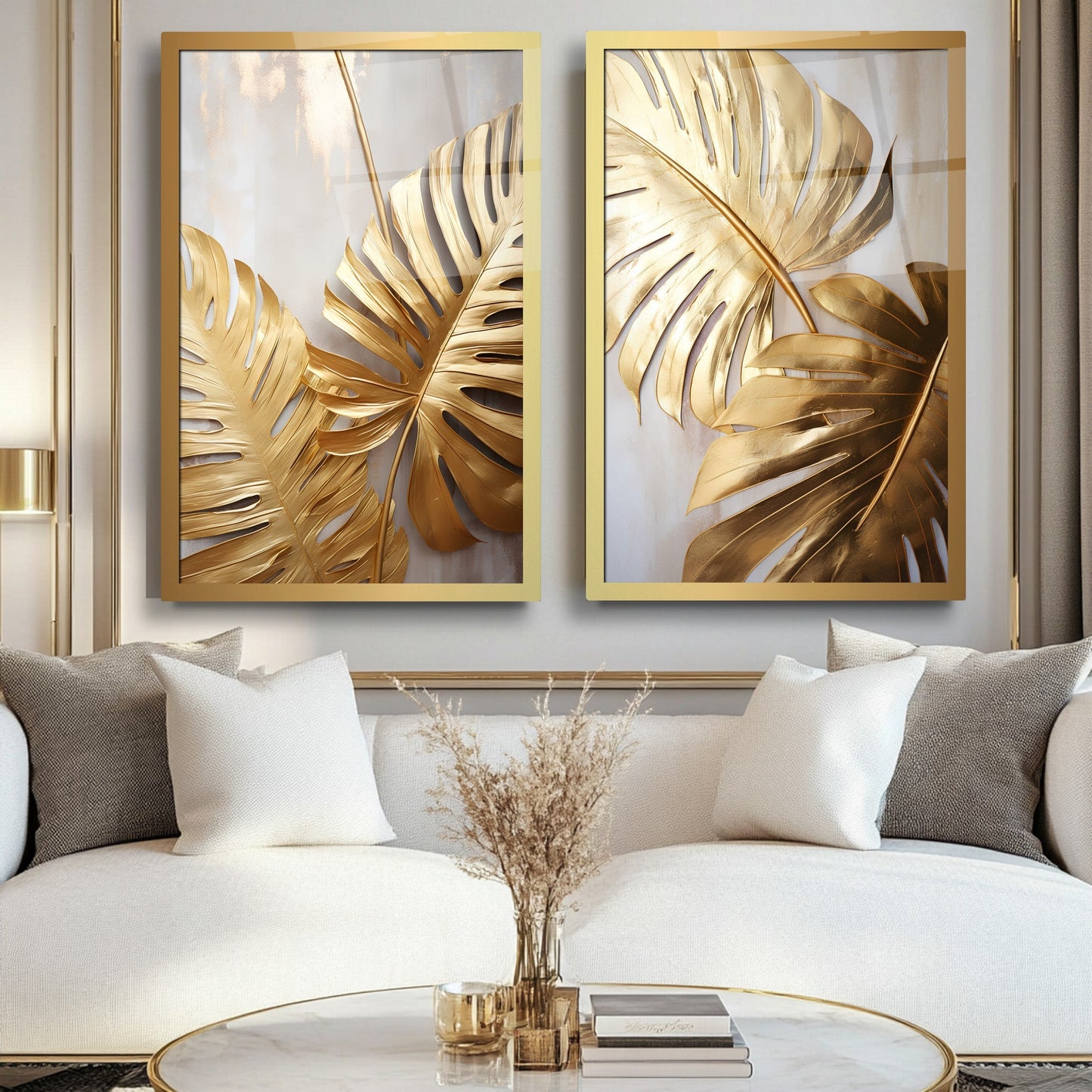 Gold Yapraklar İkili Set Cam Tablo