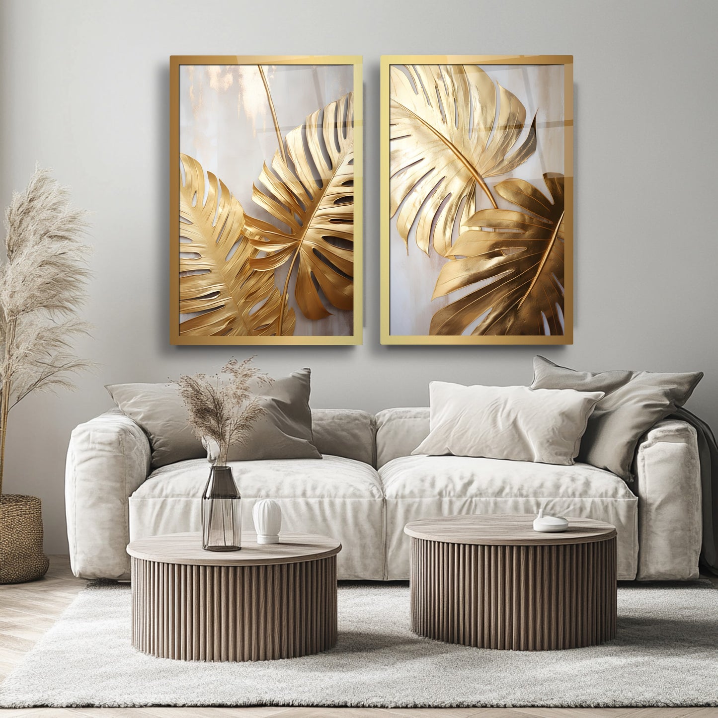 Gold Yapraklar İkili Set Cam Tablo