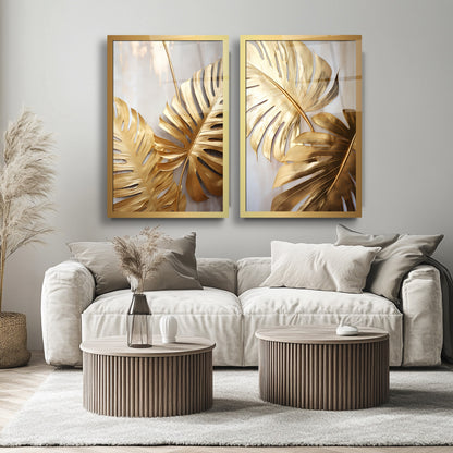 Gold Yapraklar İkili Set Cam Tablo