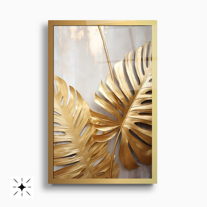 Gold Yapraklar İkili Set Cam Tablo