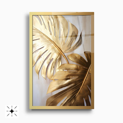 Gold Yapraklar İkili Set Cam Tablo