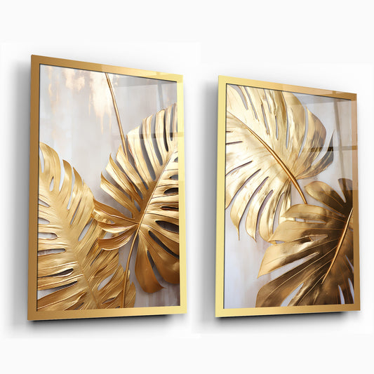 Gold Yapraklar İkili Set Cam Tablo