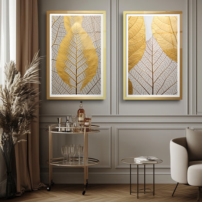 Gold Yapraklar İkili Set Cam Tablo