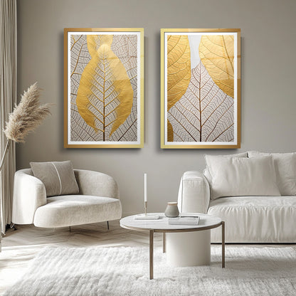 Gold Yapraklar İkili Set Cam Tablo
