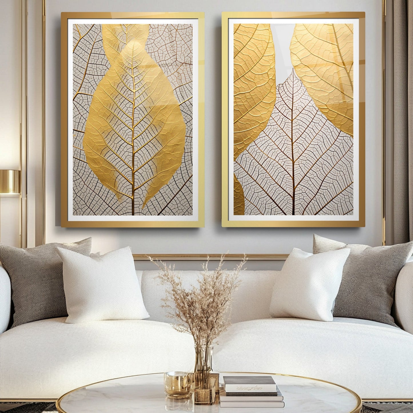 Gold Yapraklar İkili Set Cam Tablo