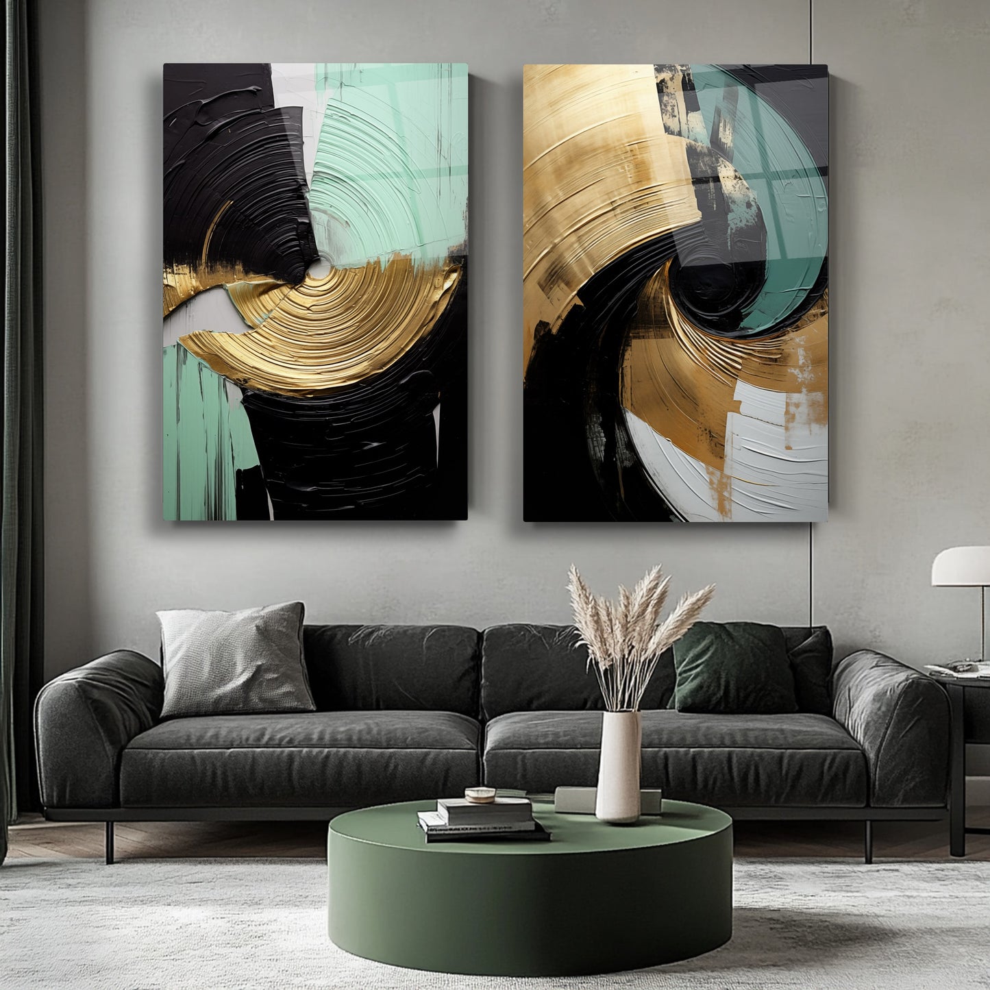 Gold Yeşil Soyut İkili Set Cam Tablo