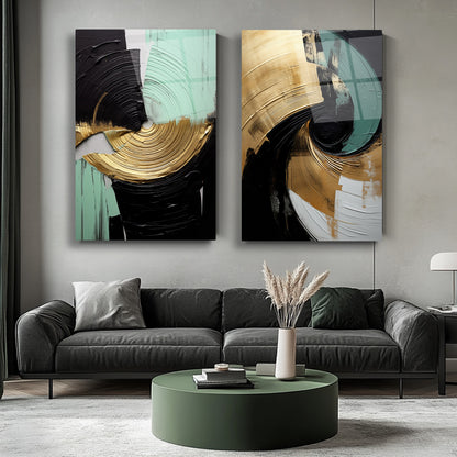 Gold Yeşil Soyut İkili Set Cam Tablo