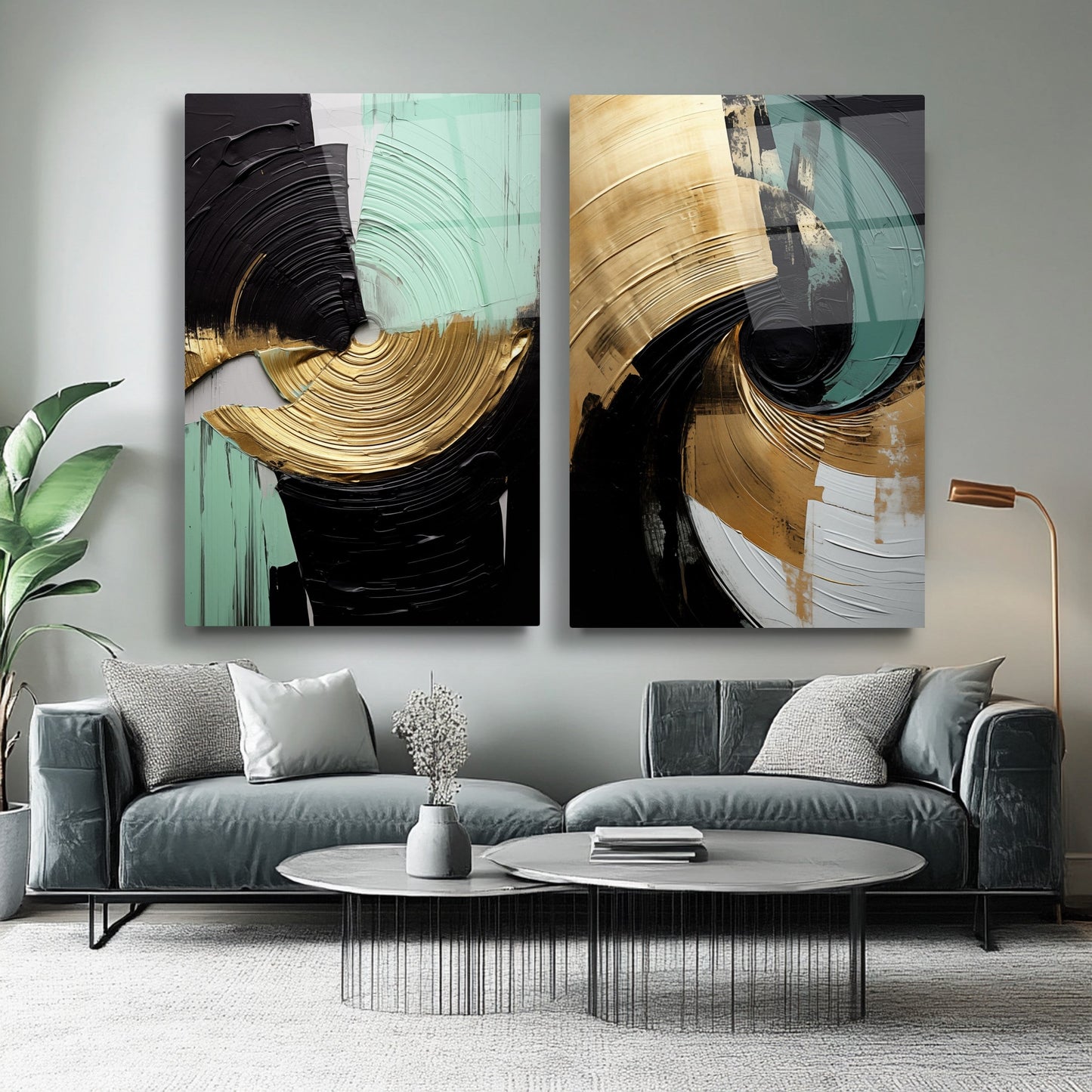 Gold Yeşil Soyut İkili Set Cam Tablo