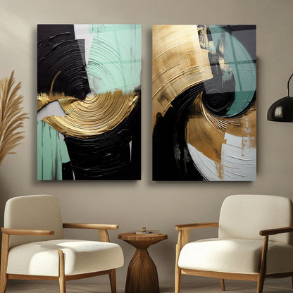 Gold Yeşil Soyut İkili Set Cam Tablo