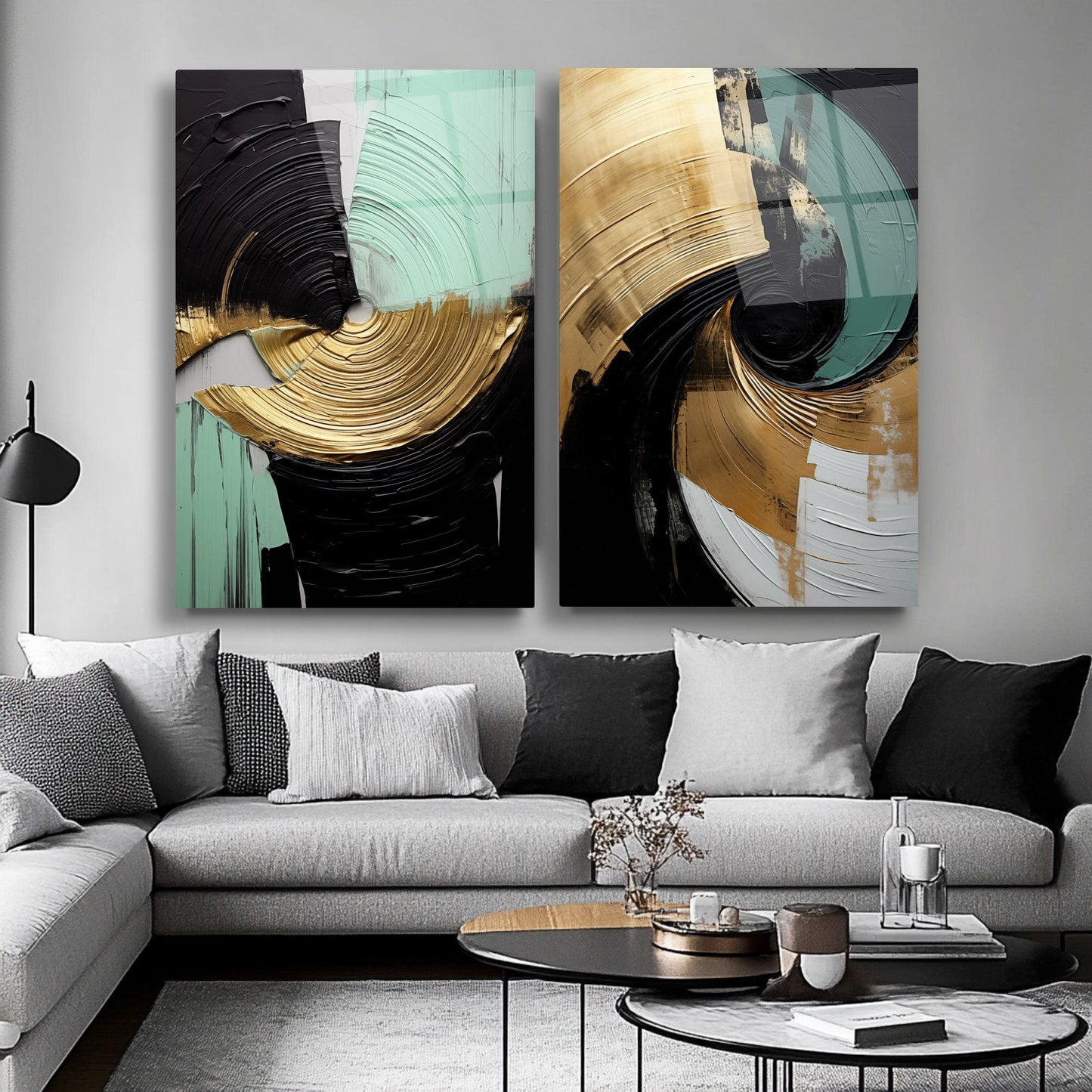 Gold Yeşil Soyut İkili Set Cam Tablo