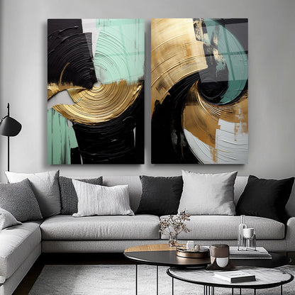 Gold Yeşil Soyut İkili Set Cam Tablo