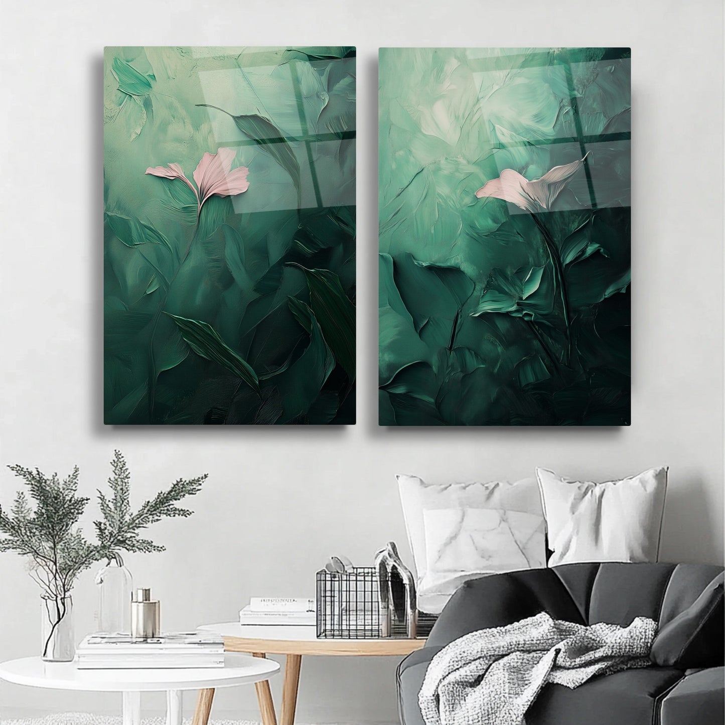 Soyut Yeşil İkili Set Cam Tablo